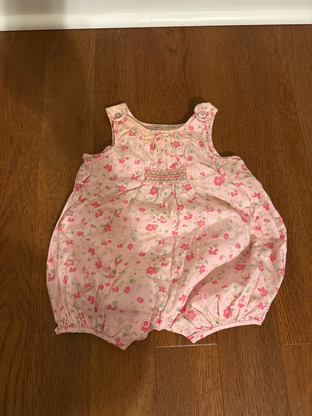 Faded Glory Baby Pink Floral Smocked Bubble Romper Sunsuit 0-3M 100% Cotton